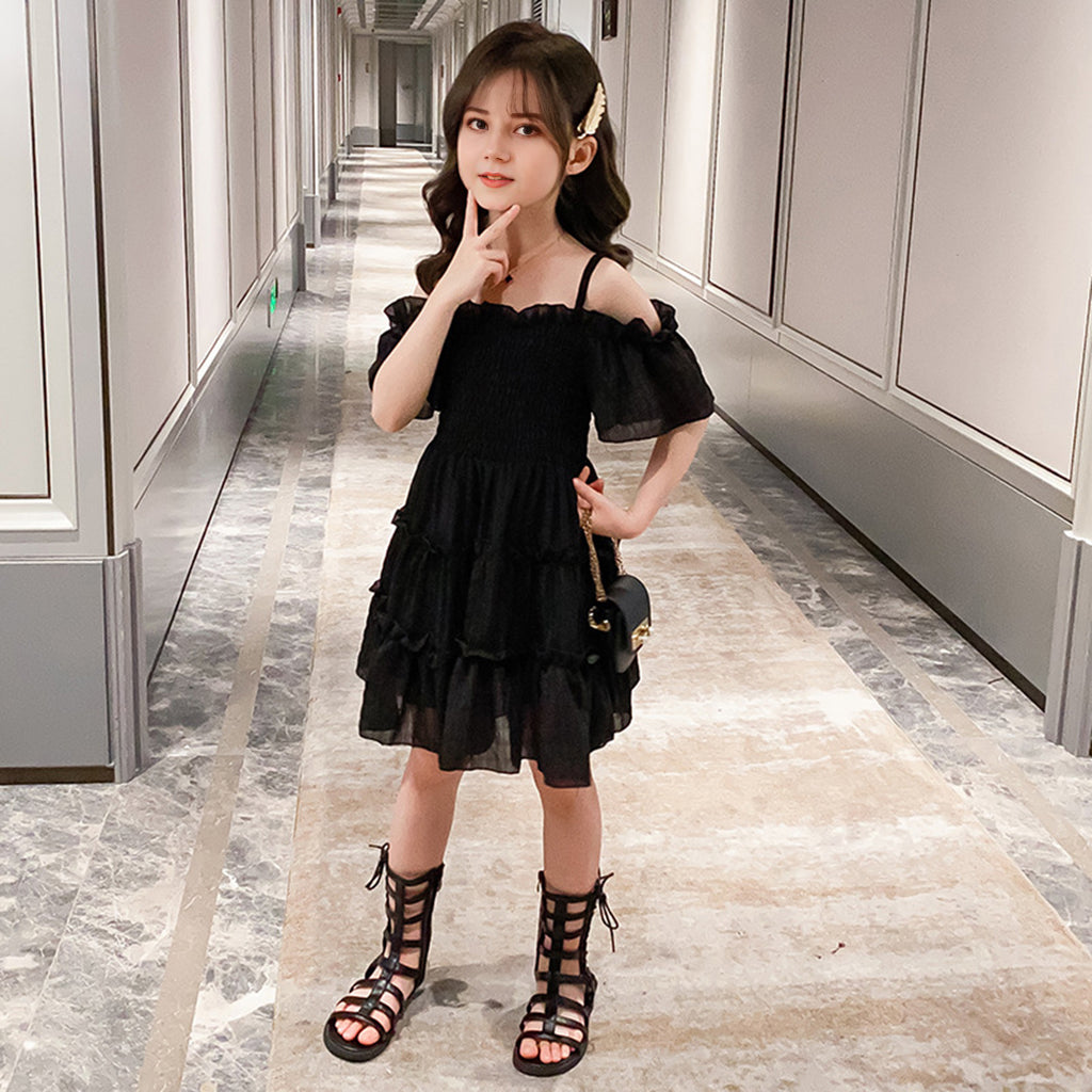 Girls Off Shoulder Black Elasticated Waist Fit & Flare Dress Casual Dresses Black 4-5 Y 