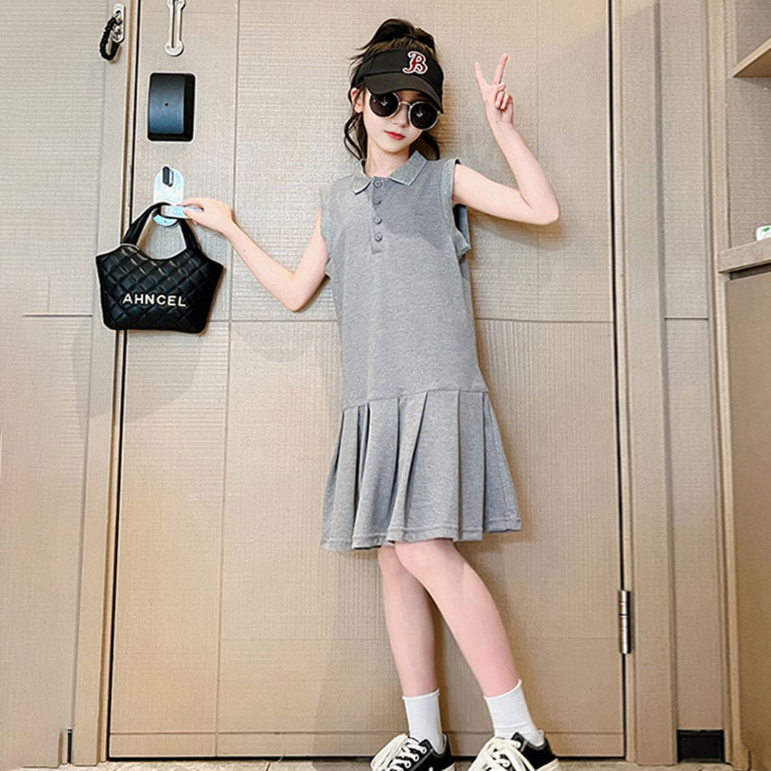 Girls Sleeveless Polo Collar Drop Waist Dress Casual Dresses   