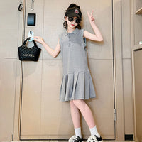 Girls Sleeveless Polo Collar Drop Waist Dress Casual Dresses   