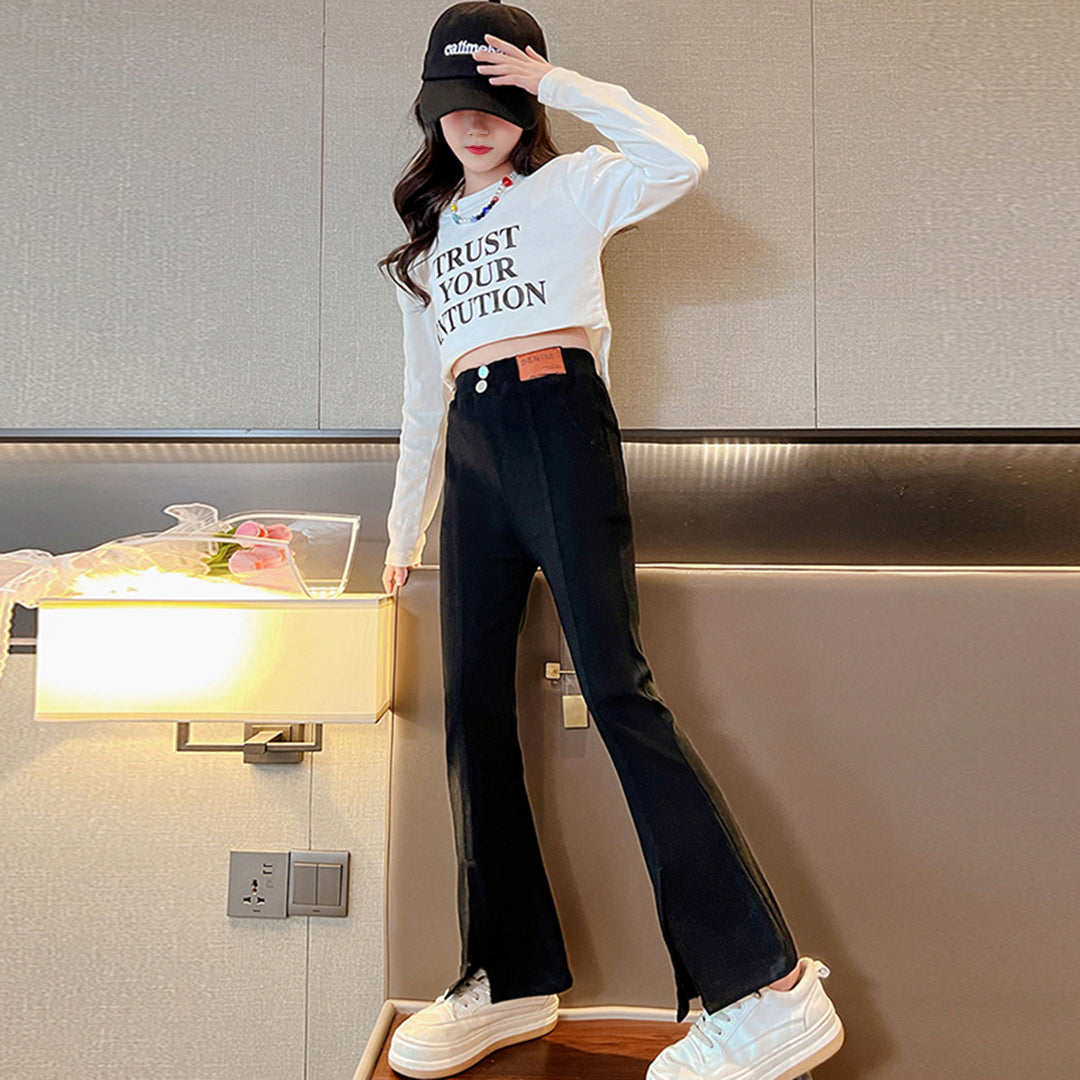 Girls Slim Fit Flared Elasticated Trousers Pants   
