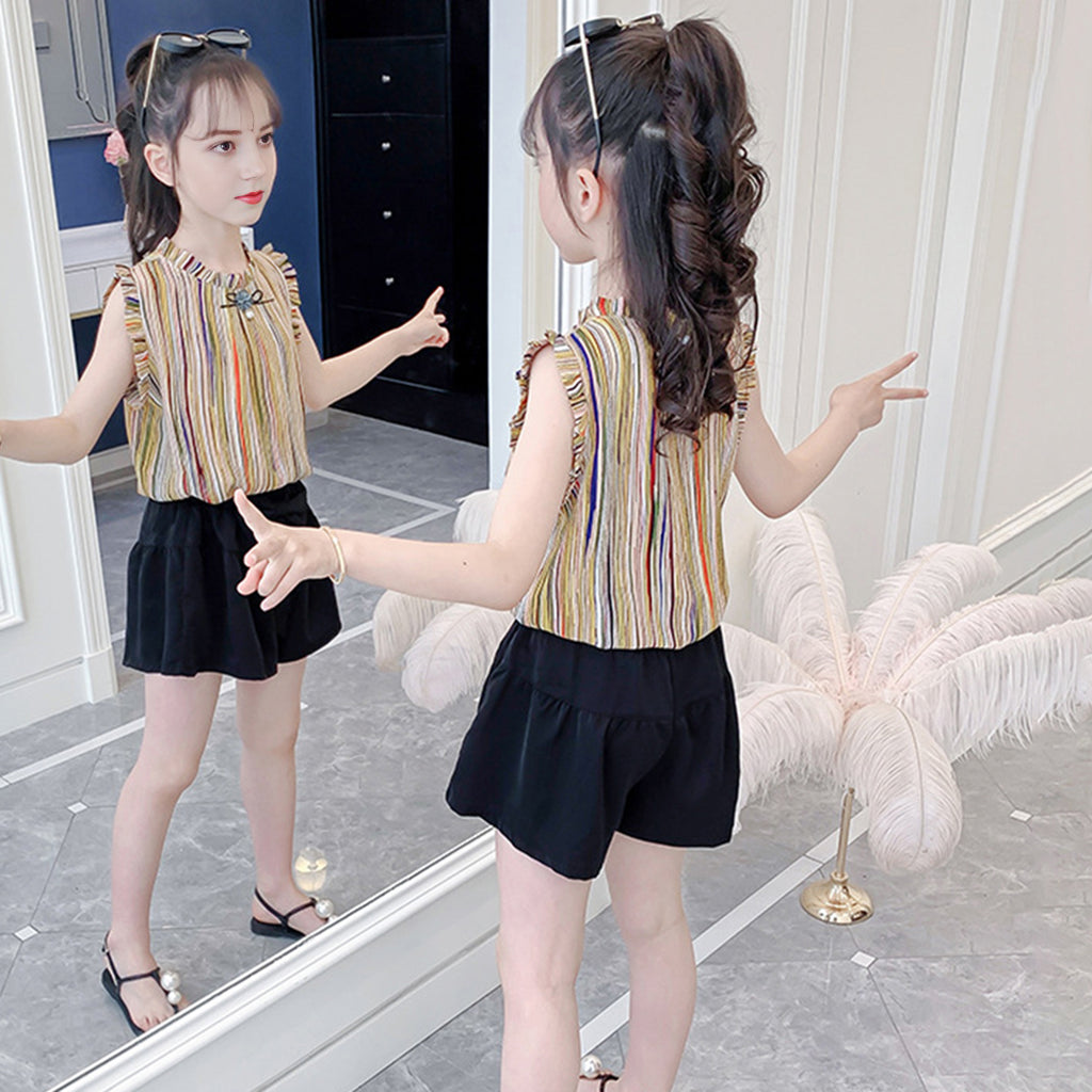 Girls Yellow Striped Top with Shorts Set Sets   