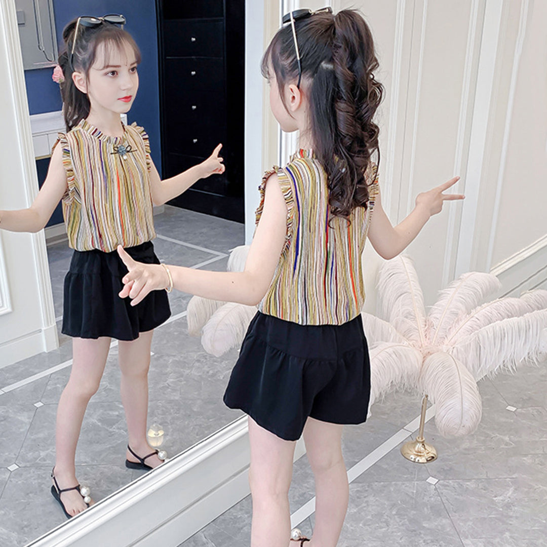 Girls Yellow Striped Top with Shorts Set Sets   