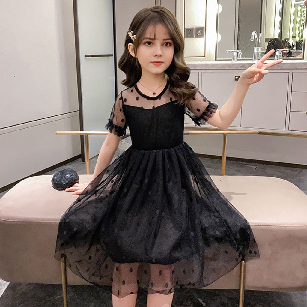 Girls Polka Dot Short Sleeve Fit & Flare Dress Casual Dresses Black 7-8 Y 