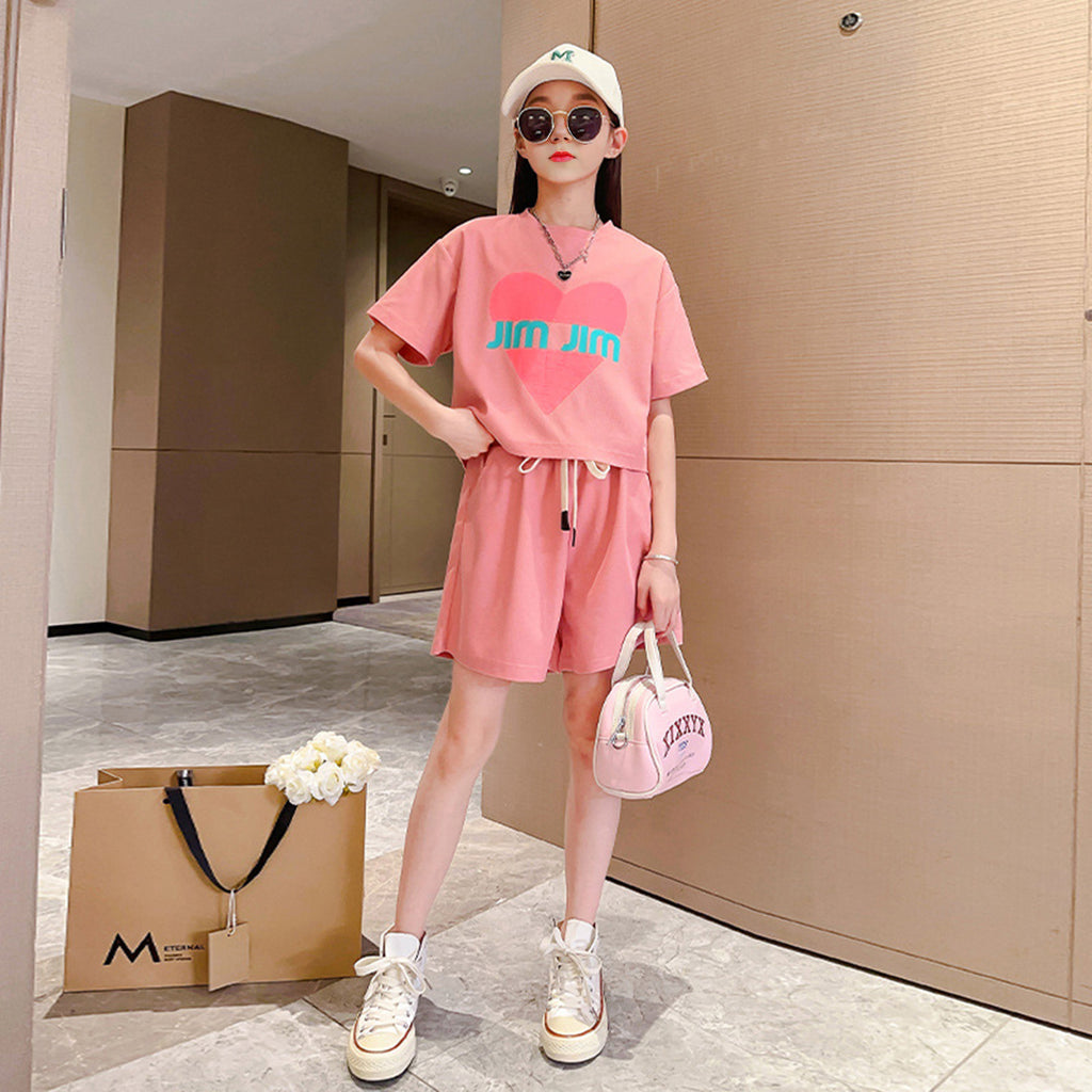 Girls Pink Short Sleeve Heart Print T-Shirt With Short Set