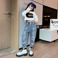 Girls Printed Crop Top with Distressed Denims Set Sets   