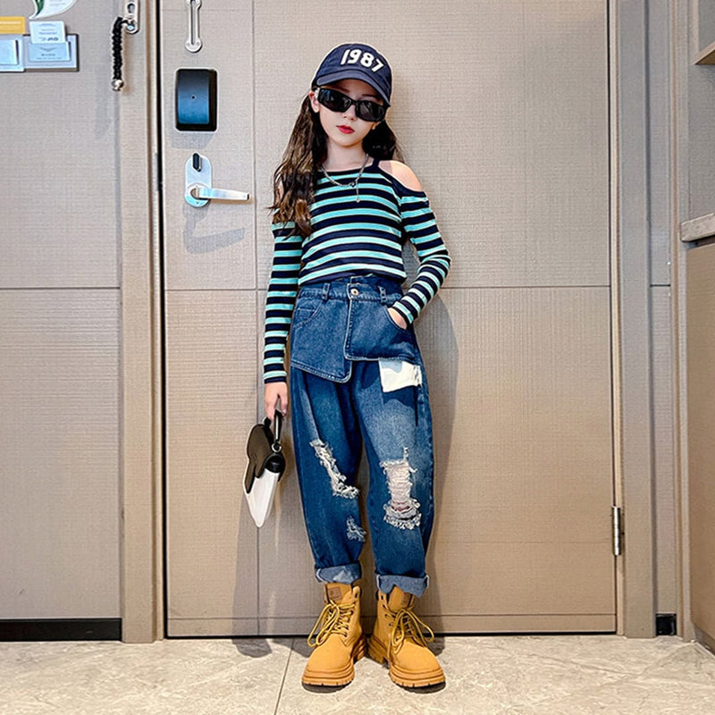 Girls Striped Cold-Shoulder Top with Distressed Denims Set Sets   