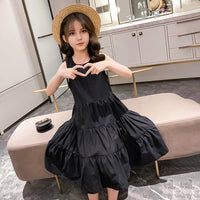 Girls Black Solid Sleeveless Tiered Dress Casual Dresses   