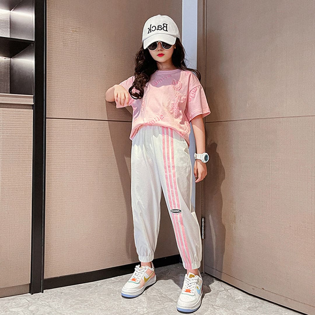Girls Pink Smiley Print Short Sleeves T-Shirt With Joggers Set Sets   