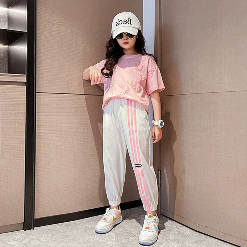 Girls Pink Smiley Print Short Sleeves T-Shirt With Joggers Set Sets   