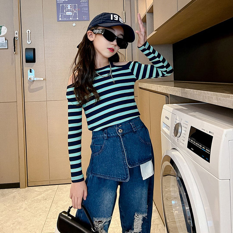 Girls Striped Cold-Shoulder Top with Distressed Denims Set Sets   
