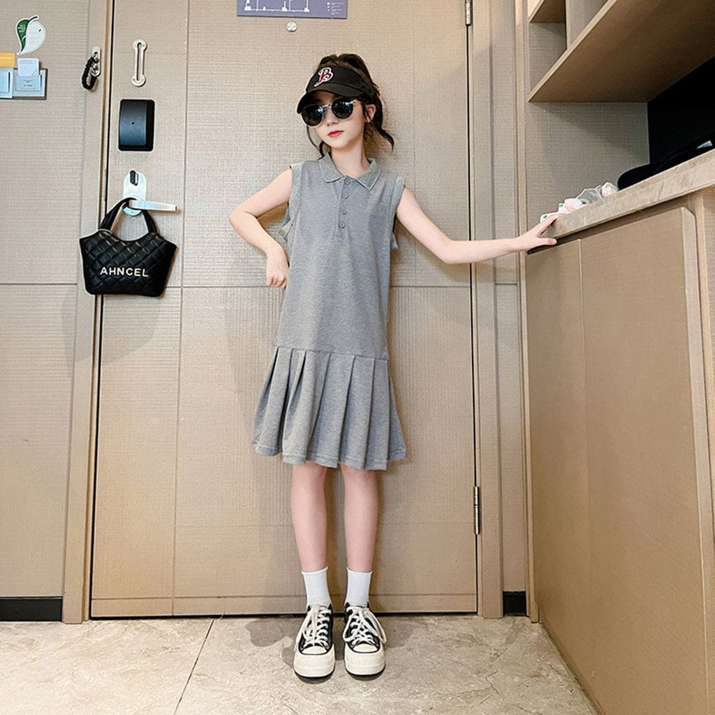 Girls Sleeveless Polo Collar Drop Waist Dress Casual Dresses Dark Grey 4-5 Y 