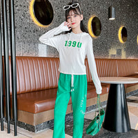 Girls Green Printed Hoodie with Sweatpants Set Sets   