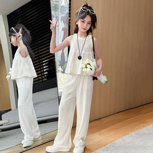 Girls Beige A-line Sleeveless Top With Wide Leg Pants Sets   