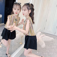 Girls Yellow Striped Top with Shorts Set Sets   