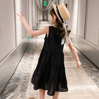 Girls Black Solid Sleeveless Tiered Dress Casual Dresses   