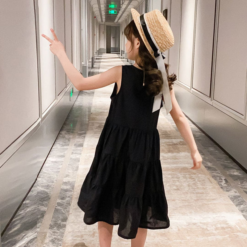 Girls Black Solid Sleeveless Tiered Dress Casual Dresses   