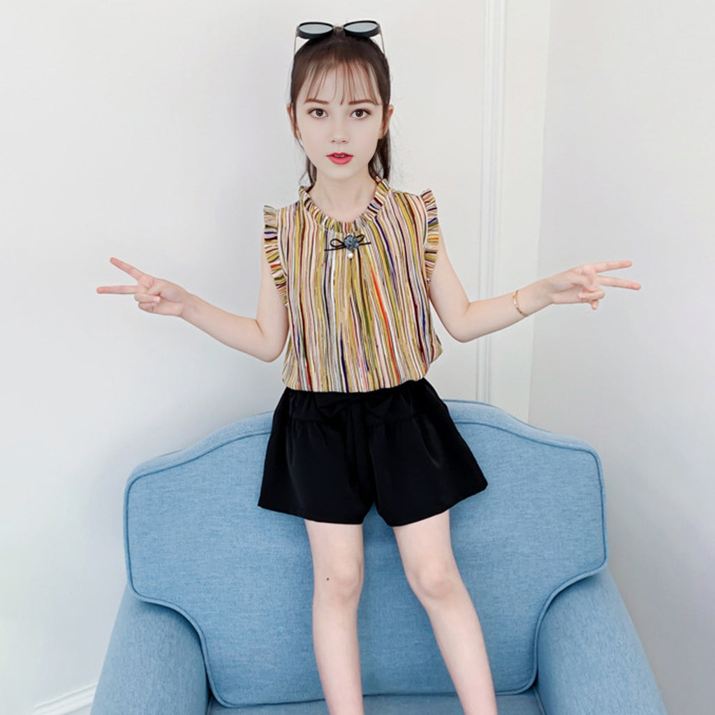 Girls Yellow Striped Top with Shorts Set