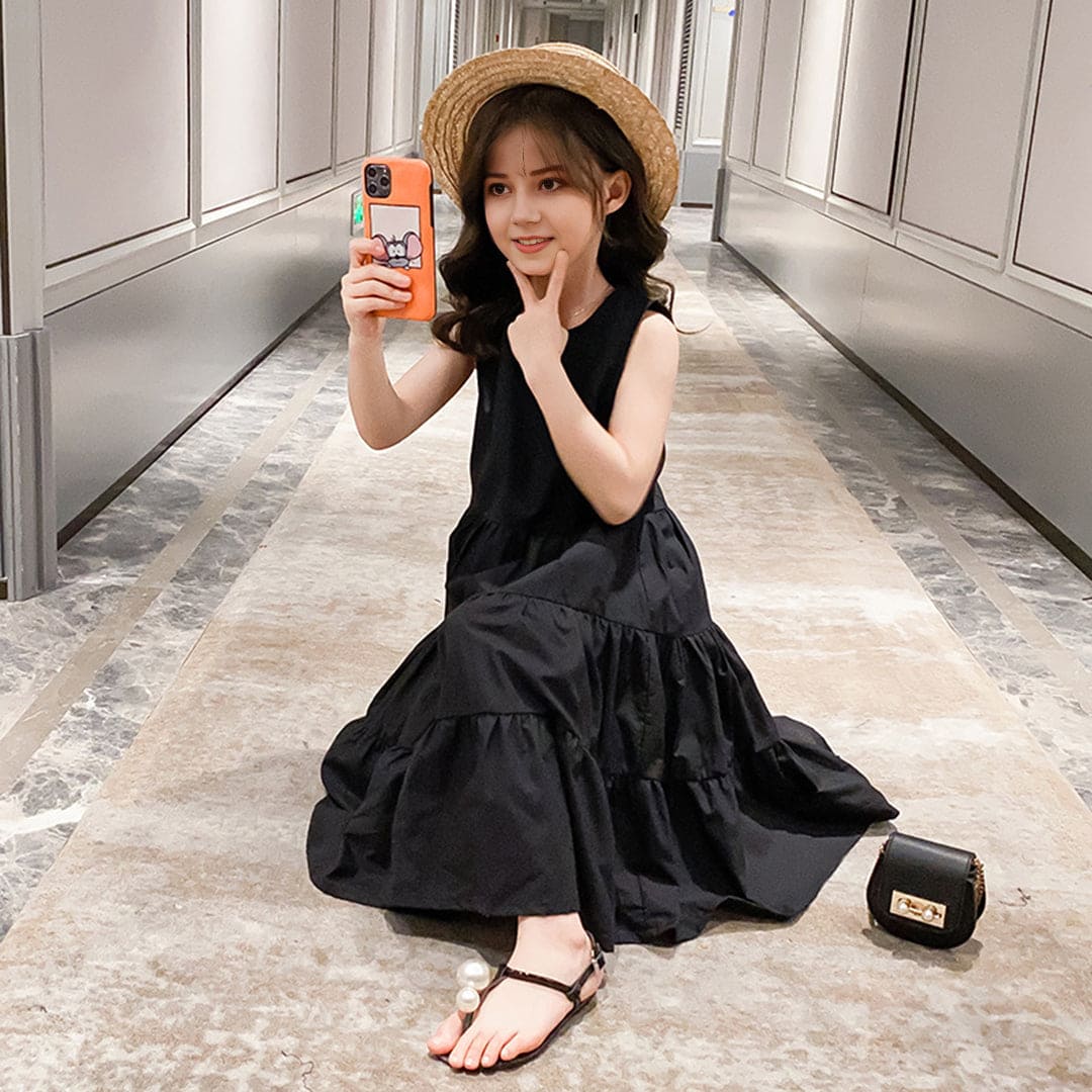 Girls Black Solid Sleeveless Tiered Dress Casual Dresses   