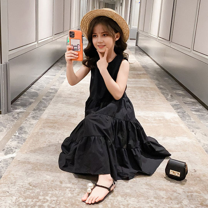 Girls Black Solid Sleeveless Tiered Dress Casual Dresses   