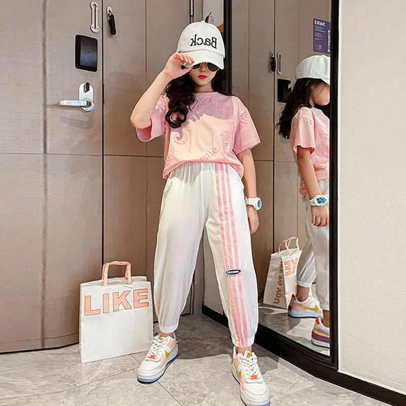 Girls Pink Smiley Print Short Sleeves T-Shirt With Joggers Set Sets   