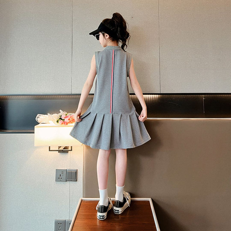 Girls Sleeveless Polo Collar Drop Waist Dress Casual Dresses   