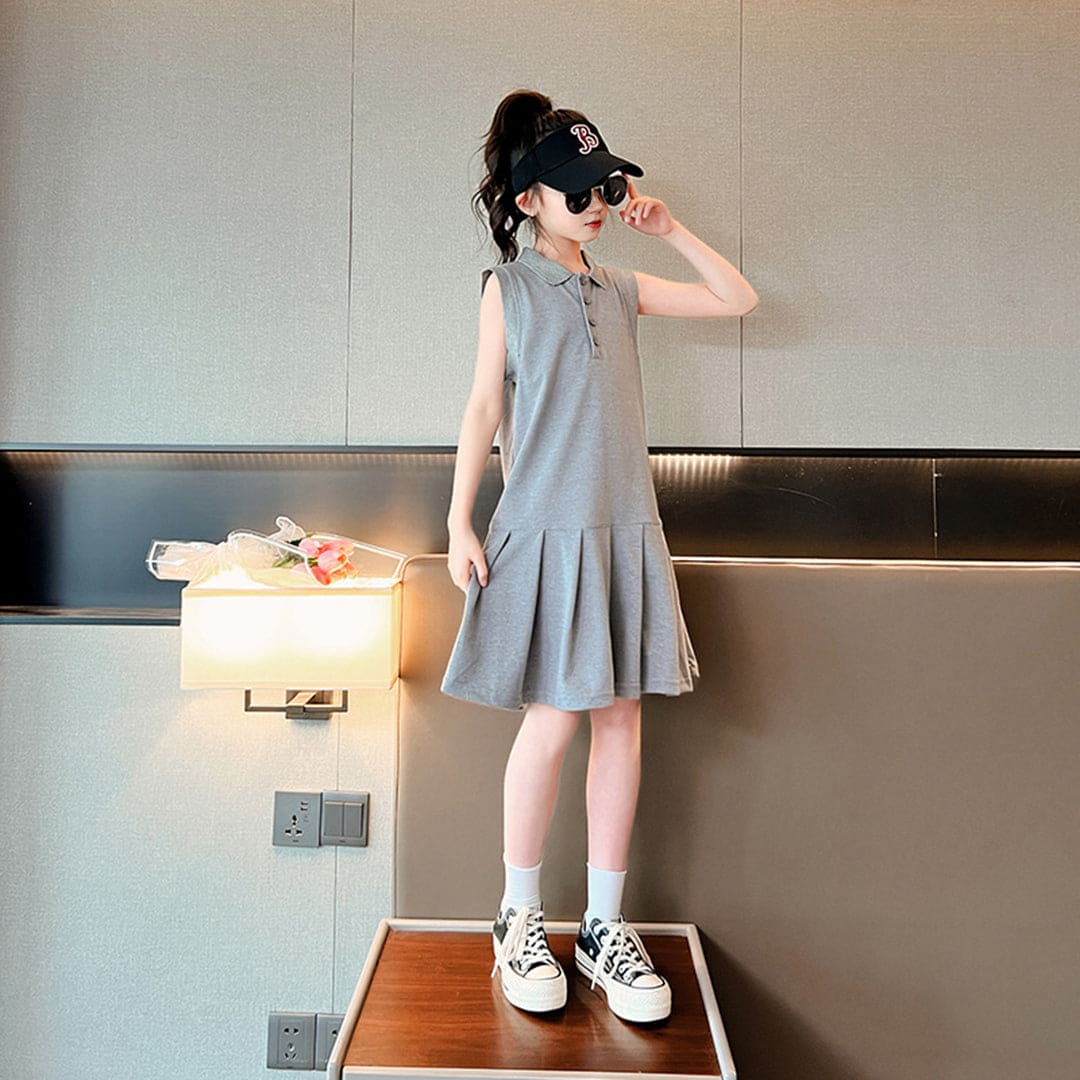 Girls Sleeveless Polo Collar Drop Waist Dress Casual Dresses   