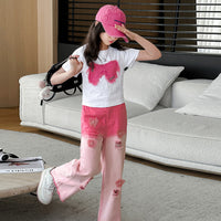 Girls Bow Patch Short Sleeves T-shirt Tshirts   
