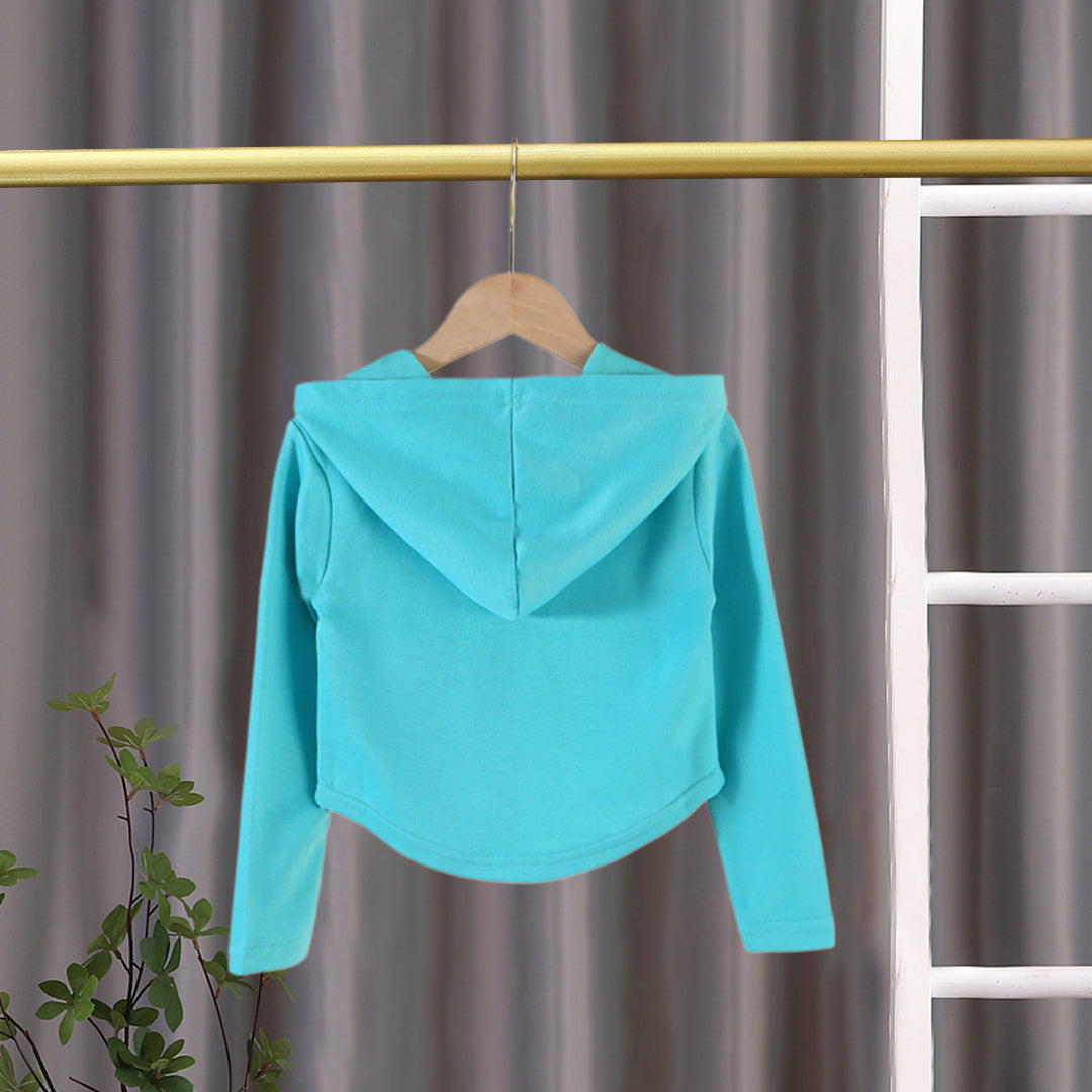 Girls Turquoise Knitted Full Sleeves Hooded Top Tops   