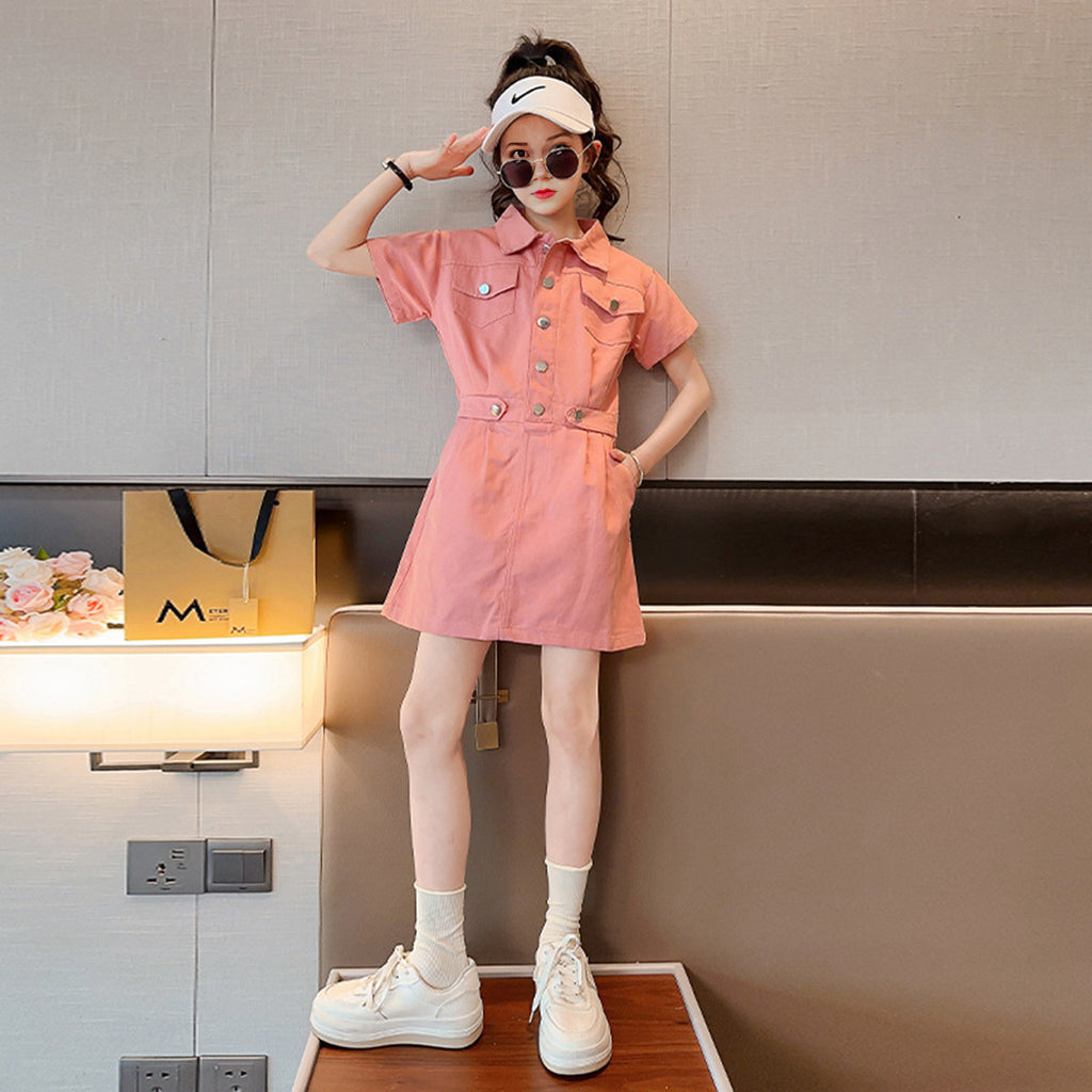 Girls Pink Short Sleeve Shirt Collar Dress Casual Dresses Pink 4-5 Y 