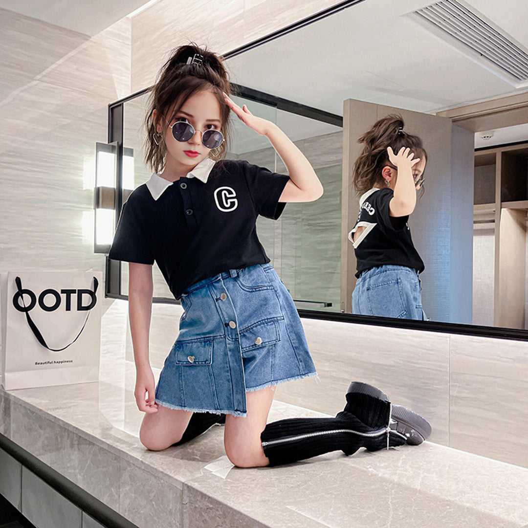Girls Polo T-shirt with Denim Skirt Set Sets   