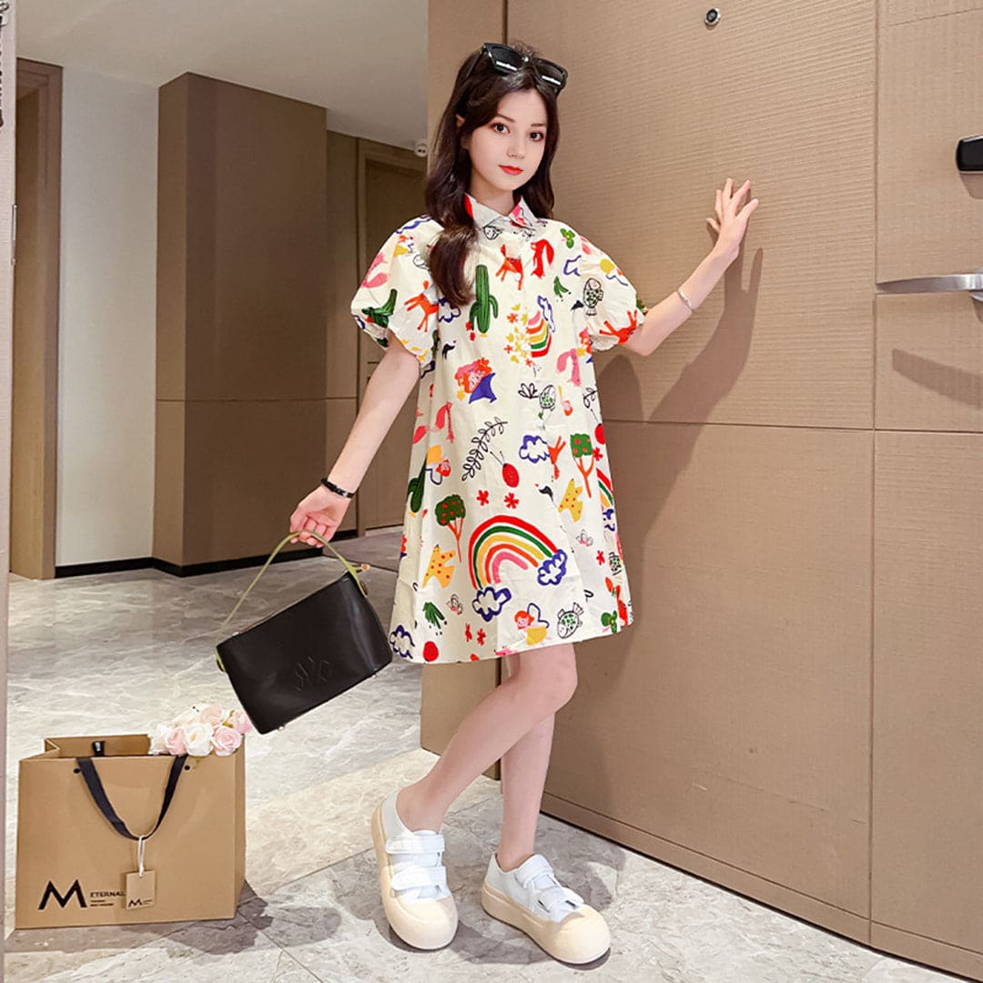 Girls Short Sleeve Printed Shirt Collar Dress Casual Dresses   