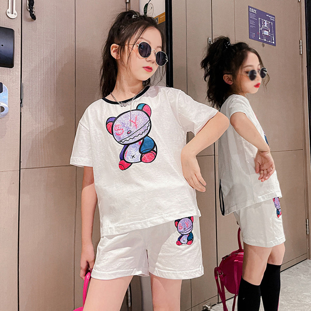 Girls White Short Sleeve Graphic T-Shirt With Shorts Set Sets   