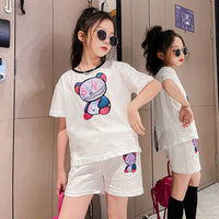 Girls White Short Sleeve Graphic T-Shirt With Shorts Set Sets   