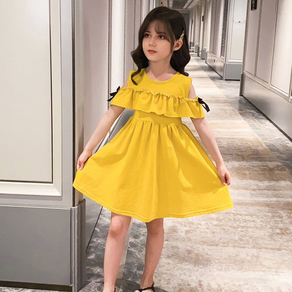 Girls Off Shoulder Ruffle Drop Waist Dress Casual Dresses Yellow 4-5 Y 