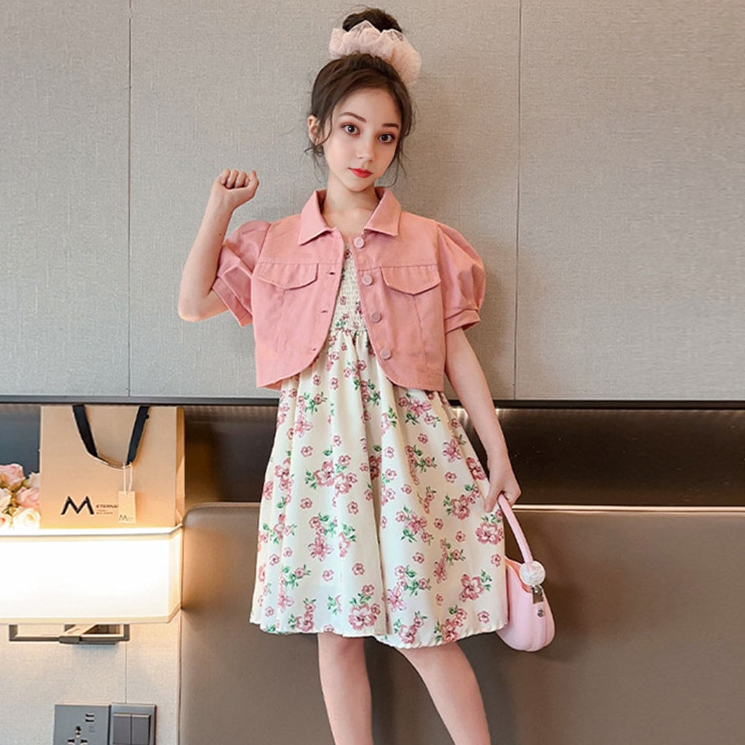 Girls Sleeveless Fit & Flare Dress With Puff Sleeves Denim Jacket Casual Dresses   