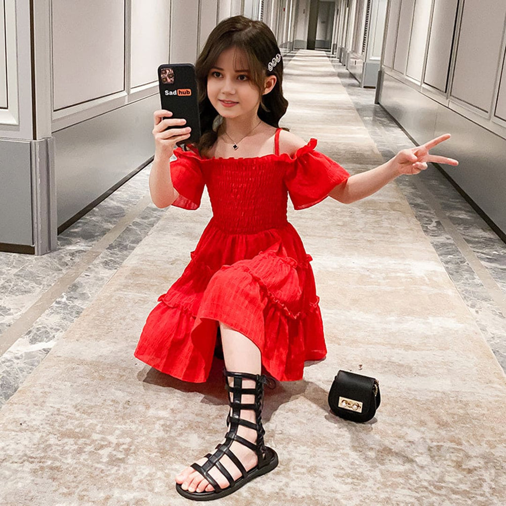 Girls Off Shoulder Red Elasticated Waist Fit & Flare Dress