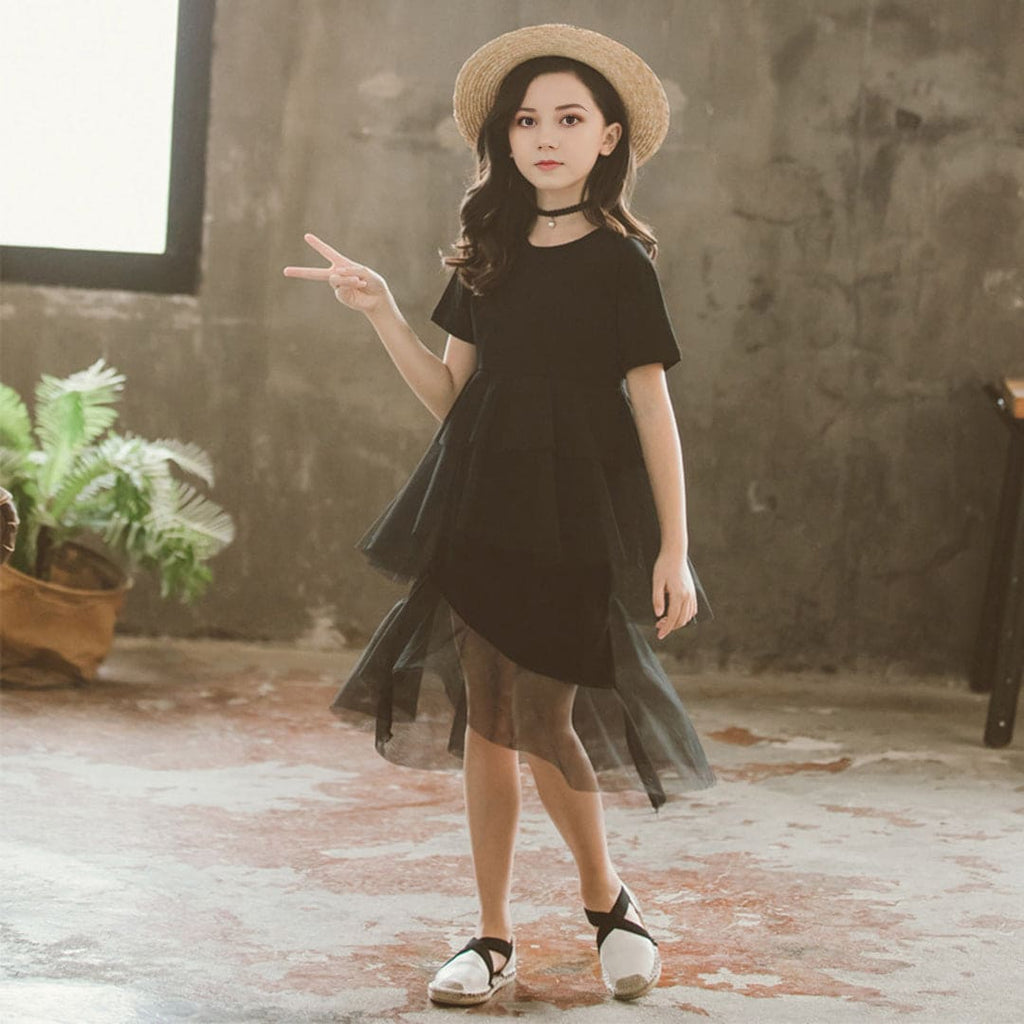 Girls Black Short Sleeves Layered Dress Casual Dresses Black 3-4 Y 