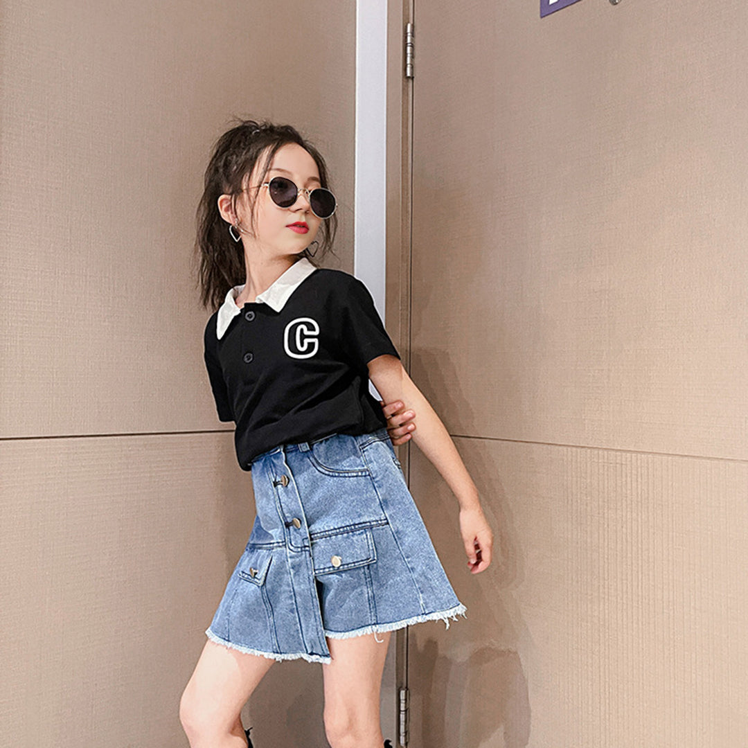 Girls Polo T-shirt with Denim Skirt Set Sets   