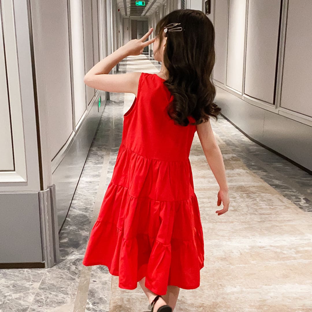Girls Solid Red Sleeveless Tiered Dress Casual Dresses   