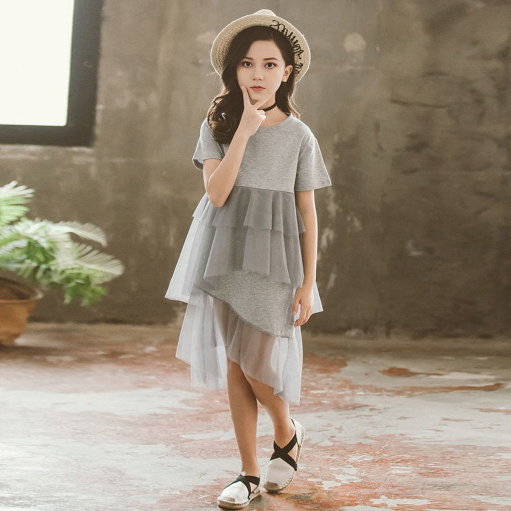 Girls Grey Short Sleeves Layered Dress Casual Dresses Gray 3-4 Y 