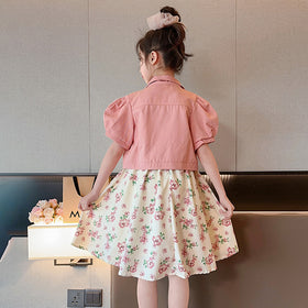 Girls Sleeveless Fit & Flare Dress With Puff Sleeves Denim Jacket Casual Dresses   