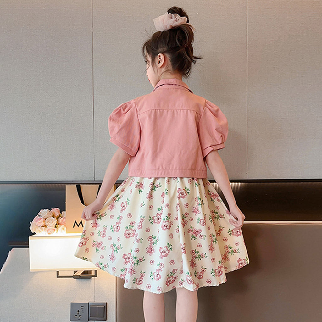 Girls Sleeveless Fit & Flare Dress With Puff Sleeves Denim Jacket Casual Dresses   