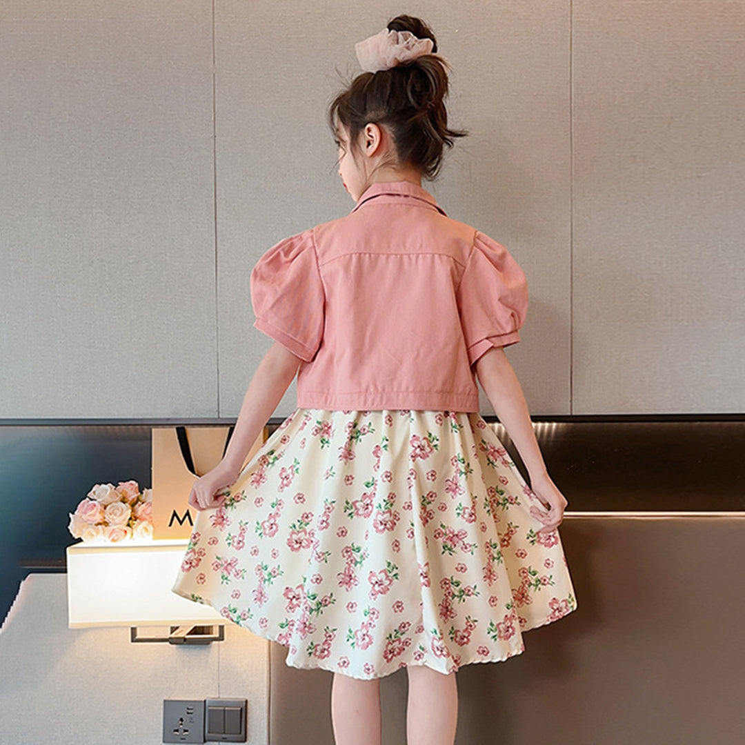 Girls Sleeveless Fit & Flare Dress With Puff Sleeves Denim Jacket Casual Dresses   