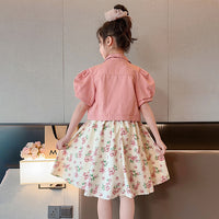 Girls Sleeveless Fit & Flare Dress With Puff Sleeves Denim Jacket Casual Dresses   