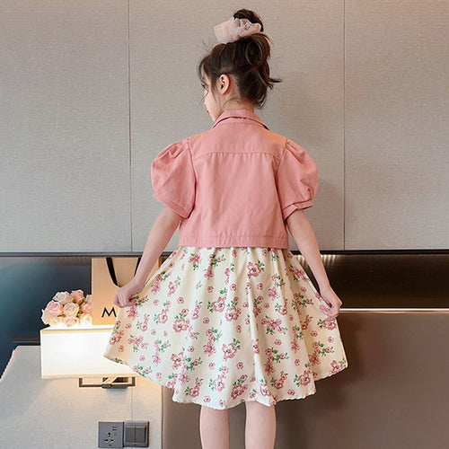 Girls Sleeveless Fit & Flare Dress With Puff Sleeves Denim Jacket Casual Dresses   
