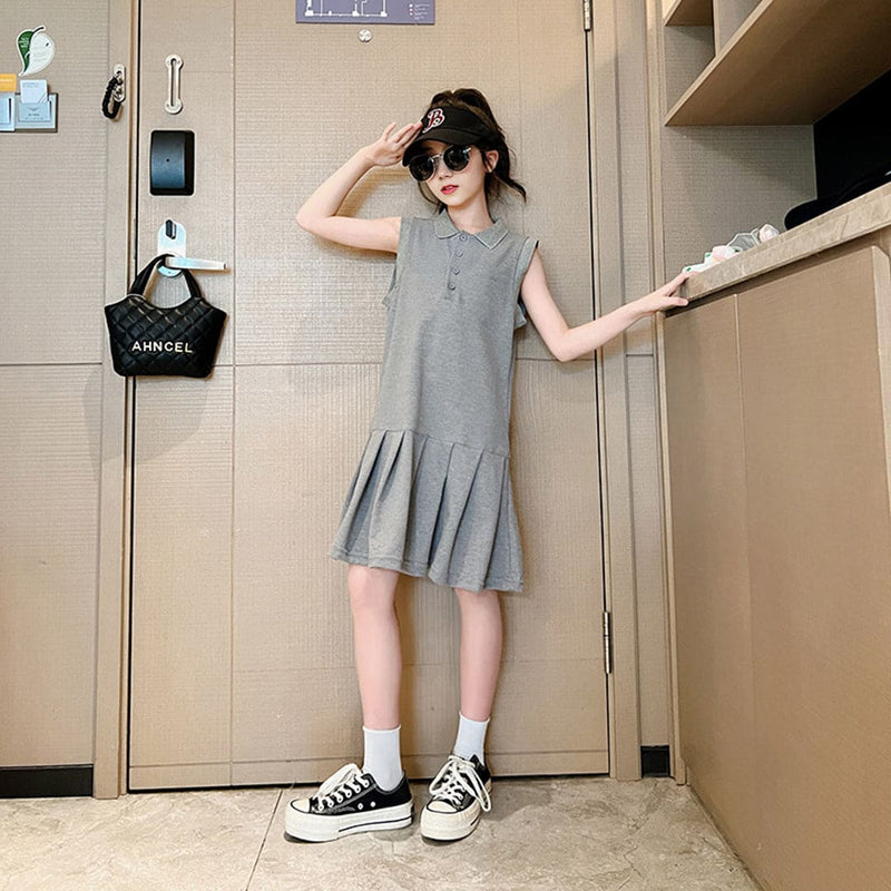Girls Sleeveless Polo Collar Drop Waist Dress Casual Dresses   