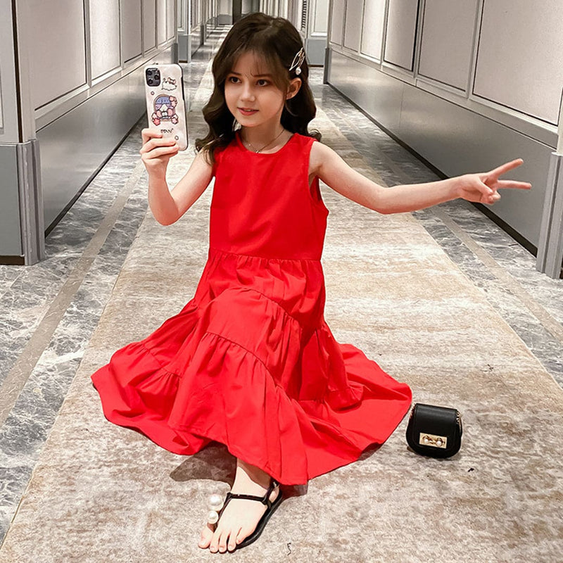Girls Solid Red Sleeveless Tiered Dress Casual Dresses   