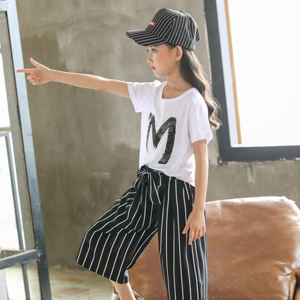 Girls Embellished T-shirt with Striped Capris Set