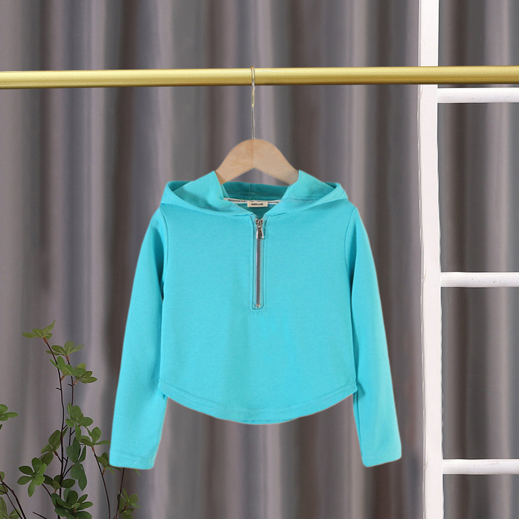 Girls Turquoise Knitted Full Sleeves Hooded Top