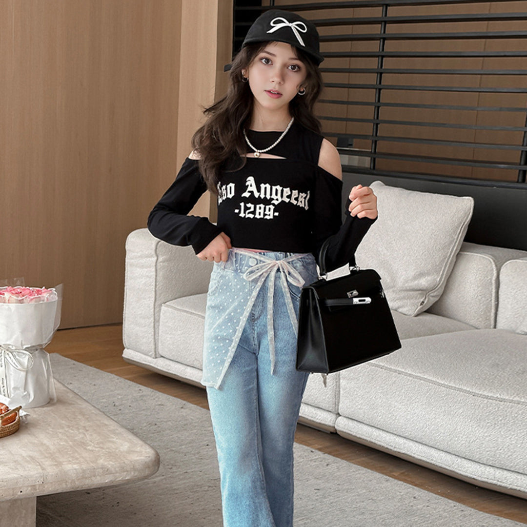 Girls Elasticated Flared Denim Pants Jeans   